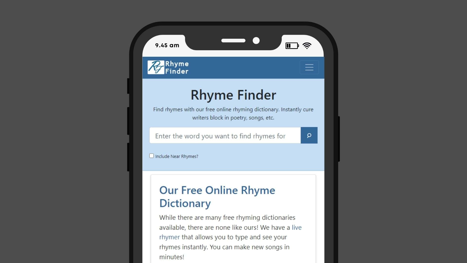 Search for rhymes with rhyme dictionary
