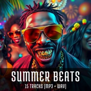 Vibrant cover art for the Summer Beat Bundle with tropical, summer-style hip hop instrumentals – 15 royalty-free tracks.